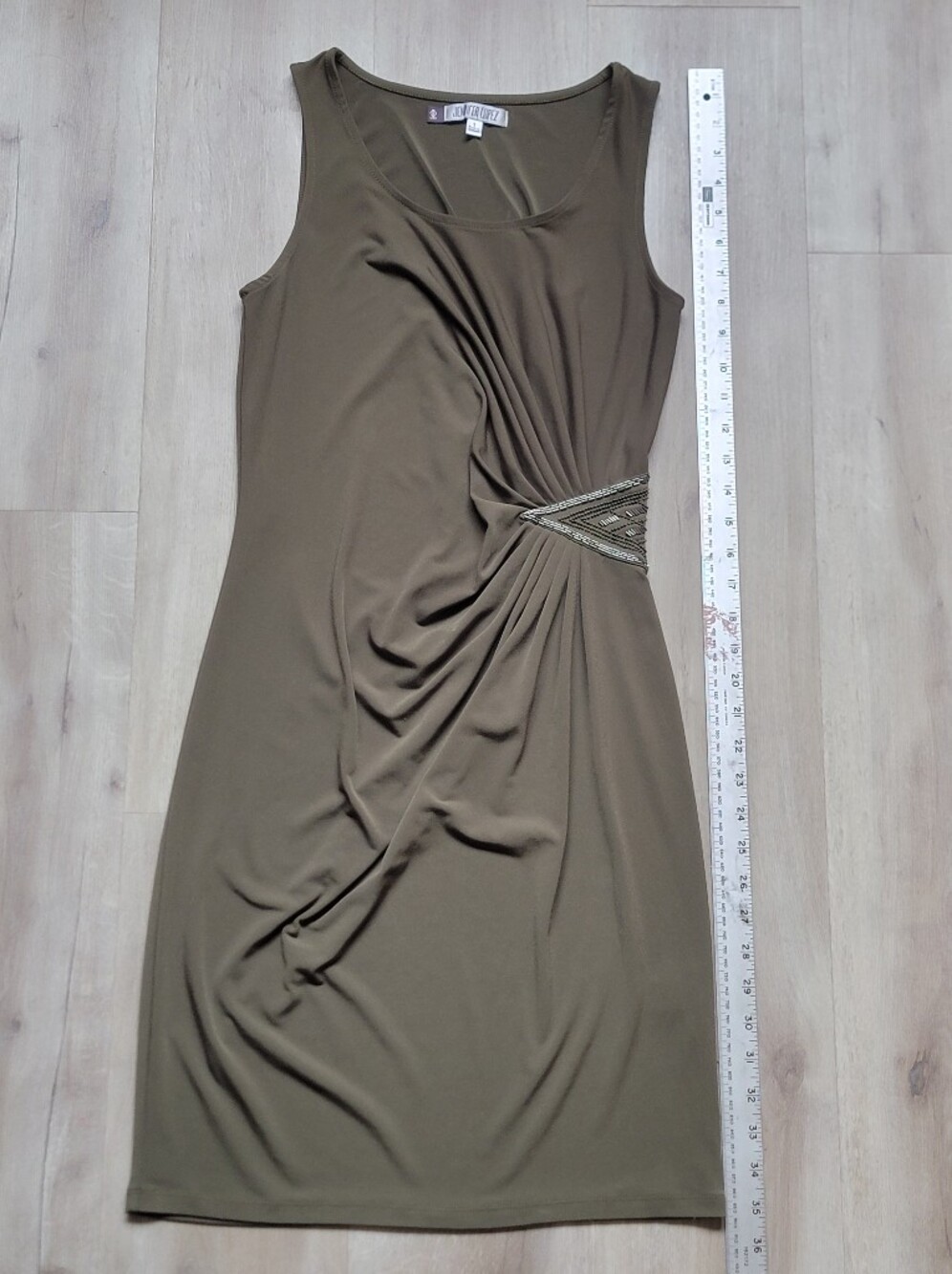 JENNIFER LOPEZ Olive Khaki Ruched Dress with Beaded Waist Detail